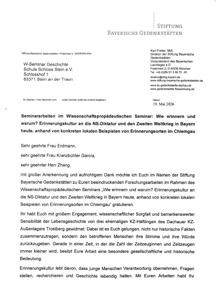 Gratulationsschreiben Stiftung Bayerische Gedenkstätten