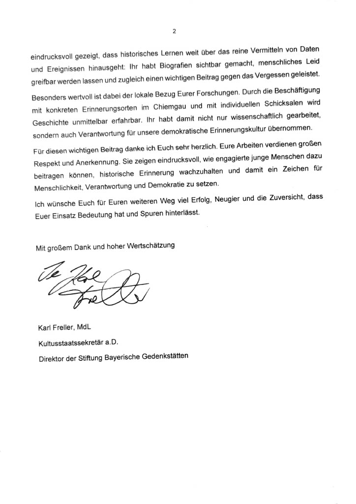 Gratulationsschreiben Stiftung Bayerische Gedenkstätten